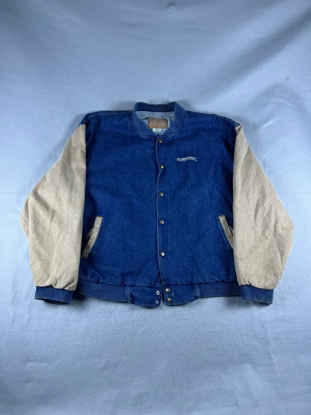 Vintage Three Rivers Varsity Jacket Mens XL Blue Tan Alumacraft Denim Bomber USA